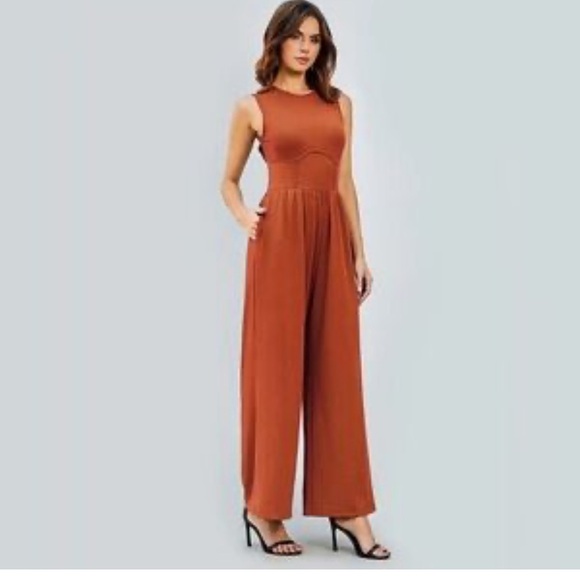 Cider Pants - Cider Solid Sleeveless Rust Corset Waist Wide Leg Sleeveless Ribbed Jumpsuit S